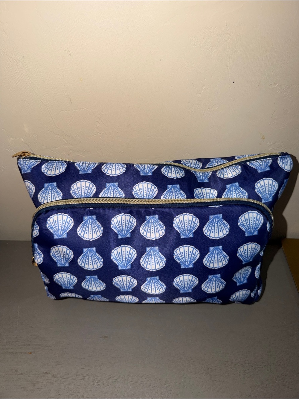 Dabney Lee Navy & White Shell Print Double-Zip Cosmetic Bag